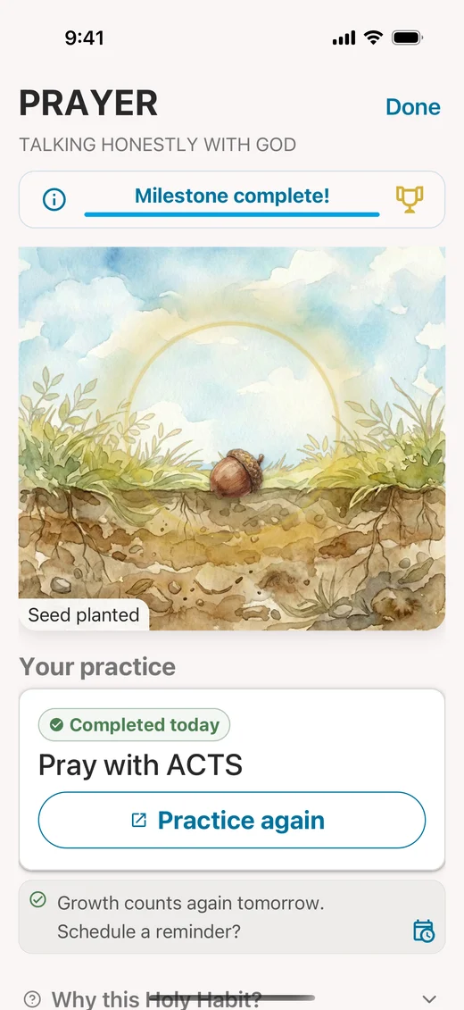 Bearing Fruit reminder card captured when the Maestro journey failed to open the schedule modal