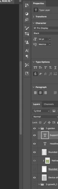 Sanitized Photoshop panel showing scene groups, editable text, device frame, screenshot, and shadow layers