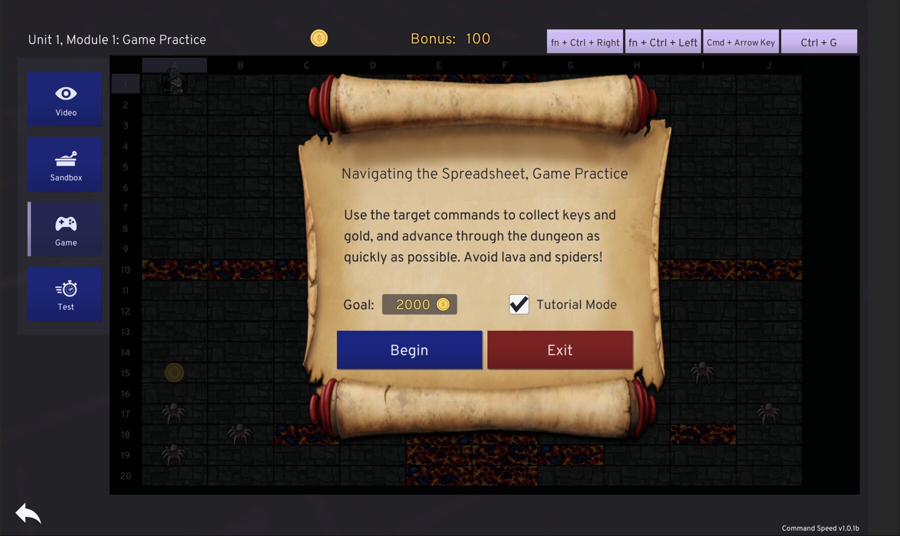 CommandSpeed game-practice intro panel describing the goal of reaching the highlighted cell with the correct command.
