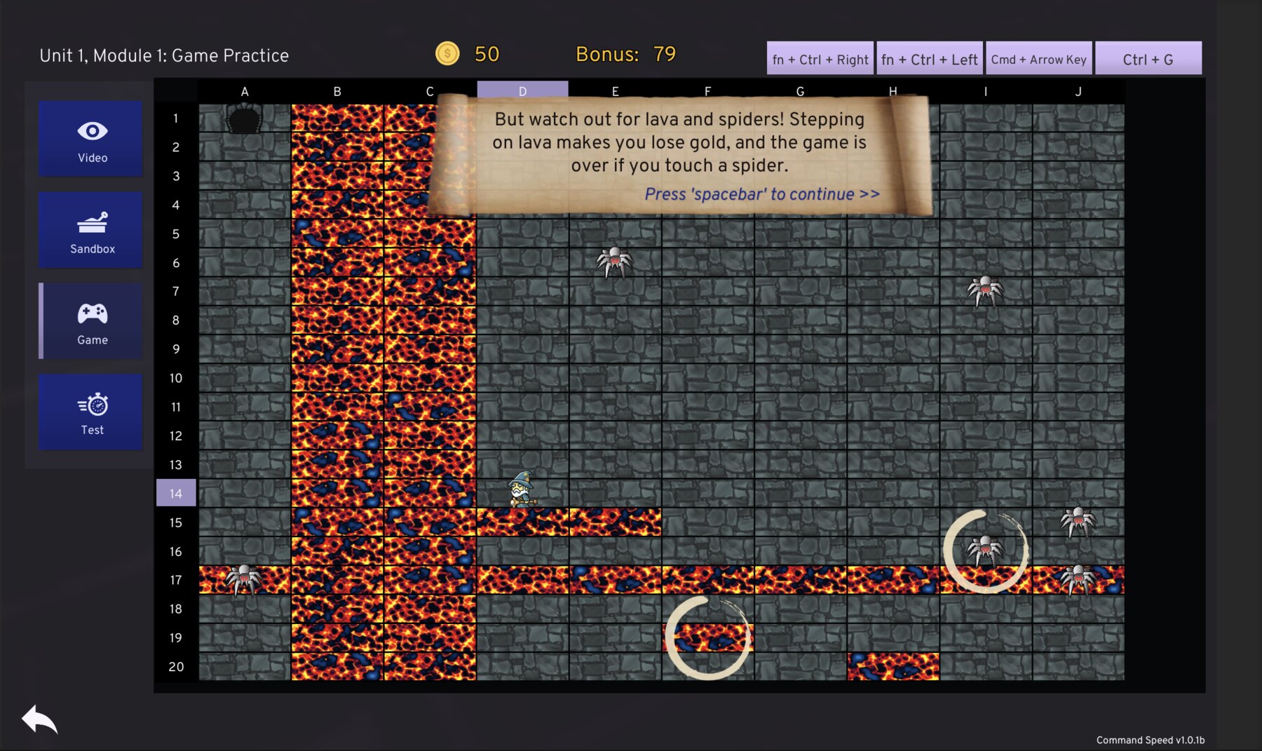 CommandSpeed gameplay view with a player character, lava path, shortcut prompt, score, and active target markers.