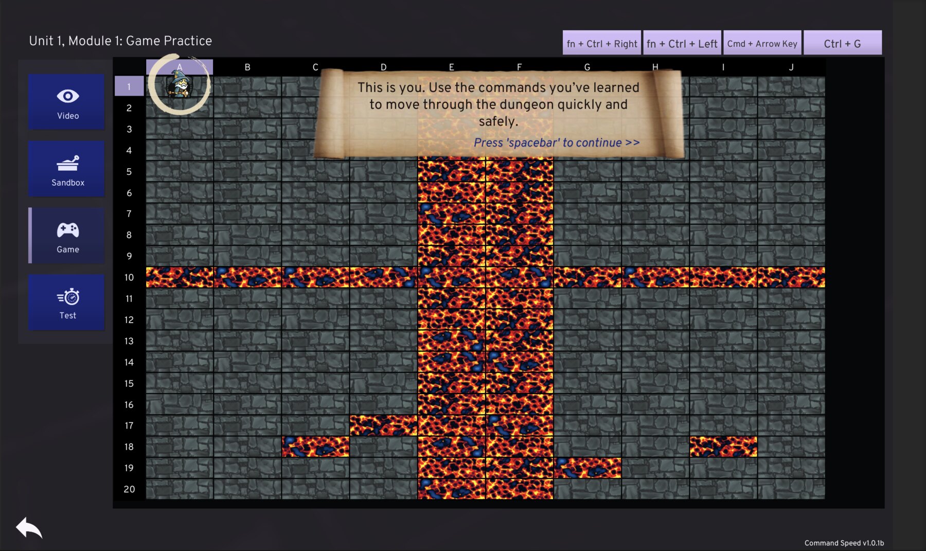 CommandSpeed gameplay view with a player character, lava path, shortcut prompt, score, and target marker.