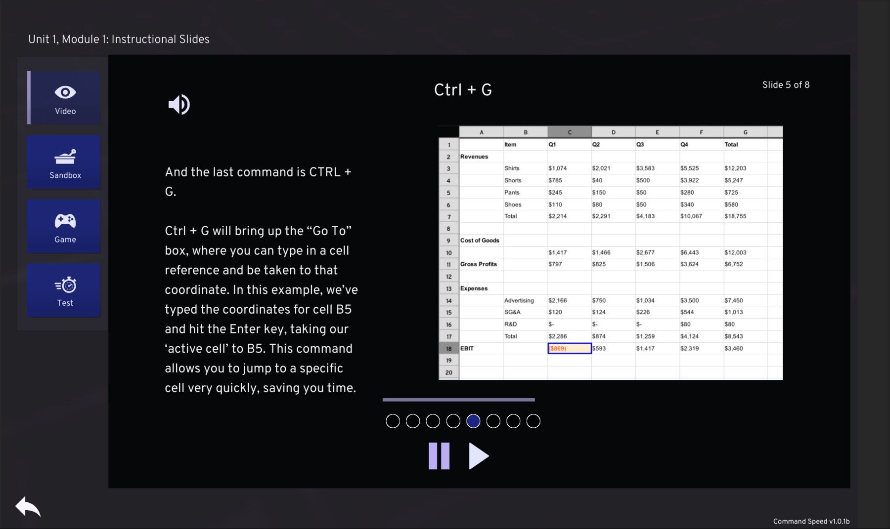 CommandSpeed instructional slide view explaining the Ctrl plus G spreadsheet shortcut with video controls and module navigation.