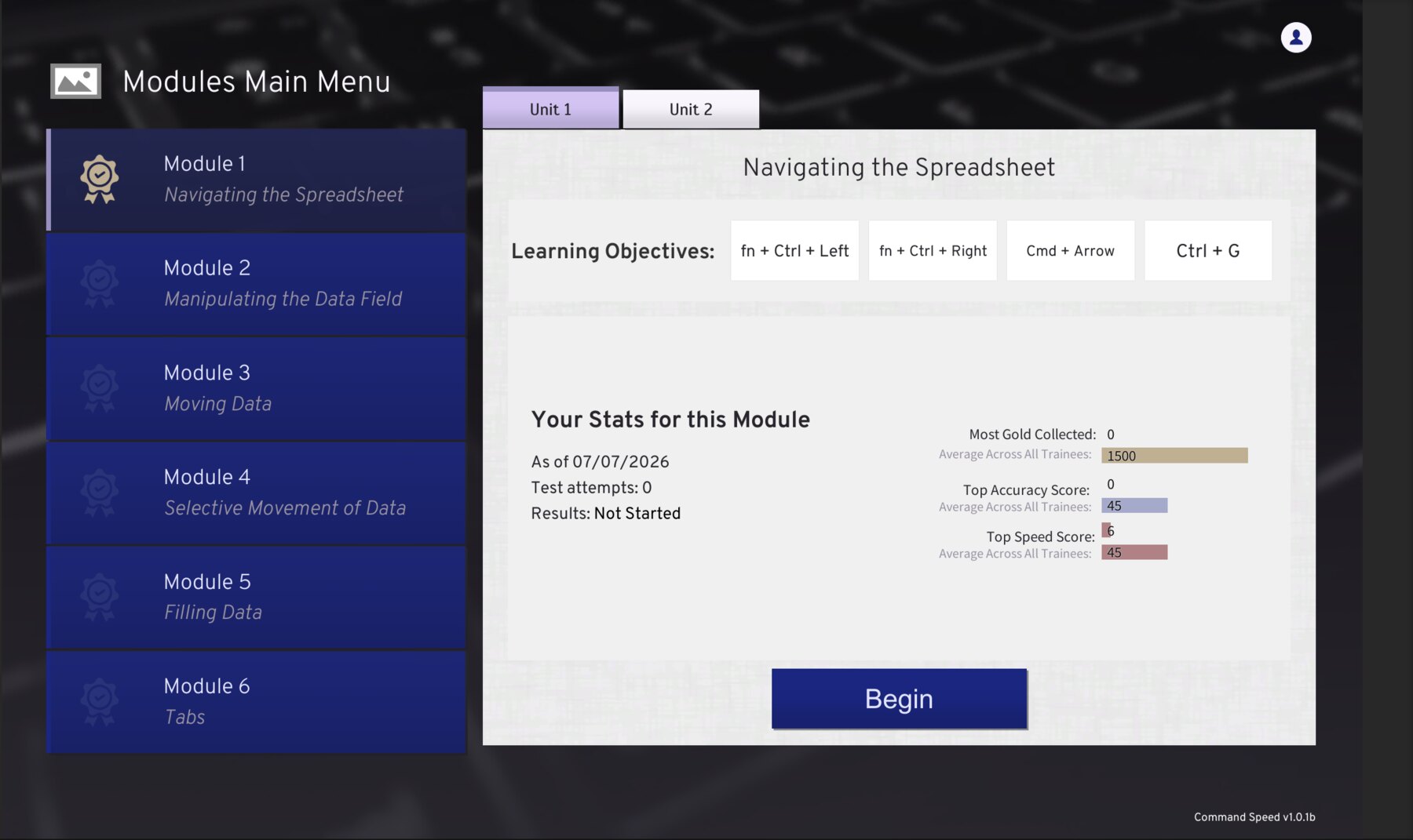 CommandSpeed modules menu showing spreadsheet navigation modules, learning objectives, and progress stats.