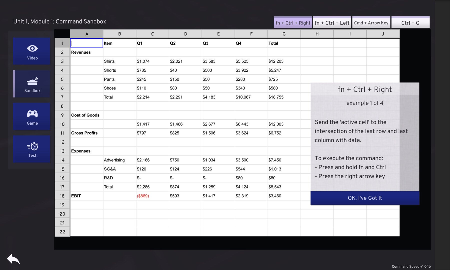CommandSpeed sandbox view with a spreadsheet, a shortcut prompt, and guided practice instructions.