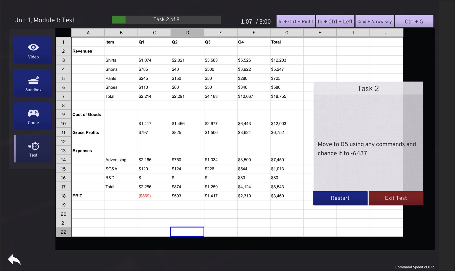 CommandSpeed test mode with a spreadsheet task, progress bar, command prompt, and test controls.