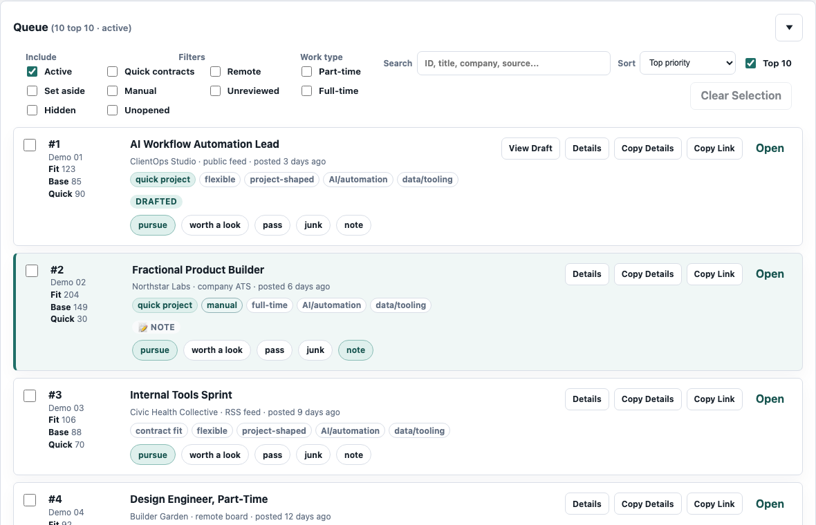 Redacted Contract Hunter queue showing ranked leads, filters, fit score, quick score, tags, feedback controls, and open/details actions.