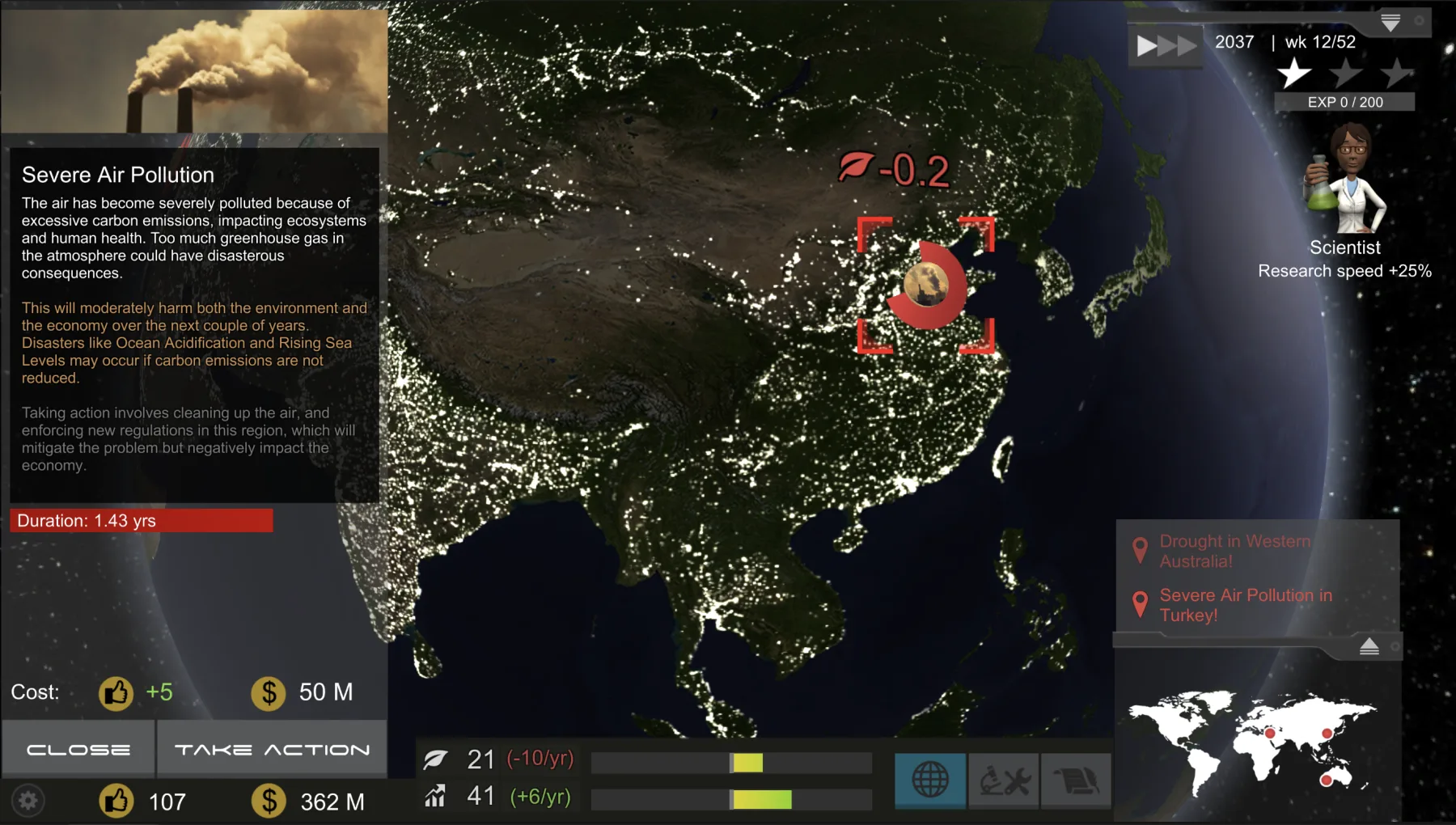 Environ event detail panel showing severe air pollution, location, duration, score impact, and action cost.