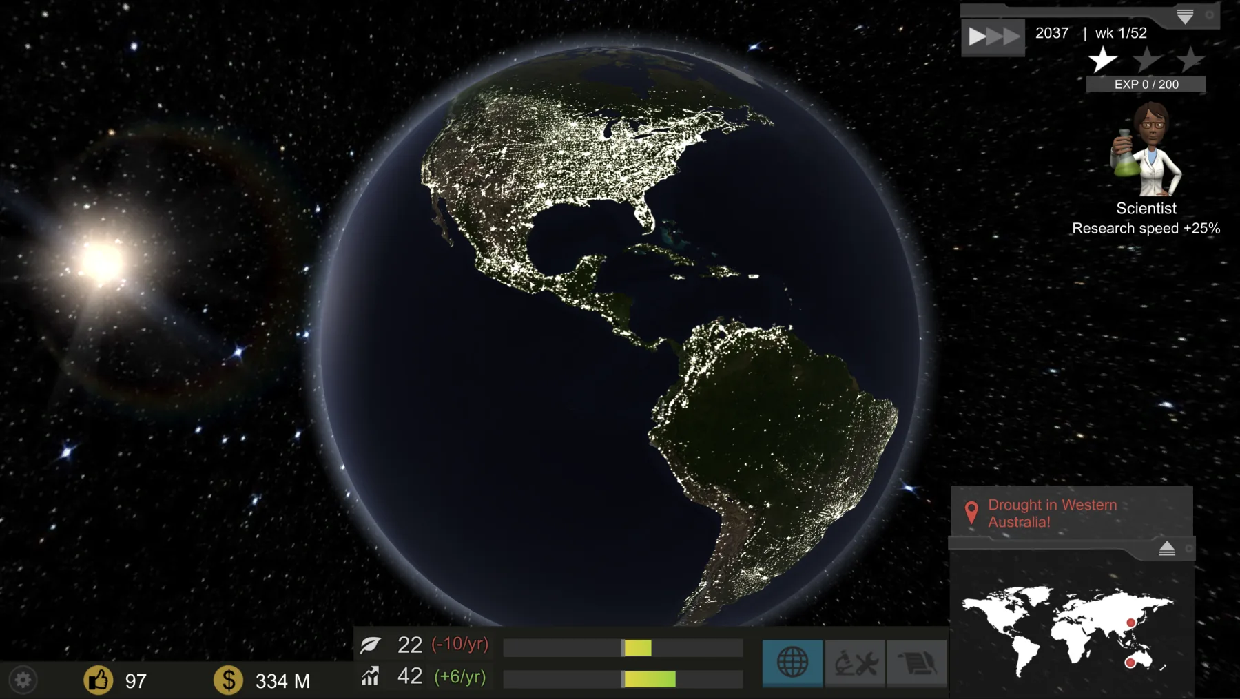 Environ strategy game view with a globe interface and environmental indicators.