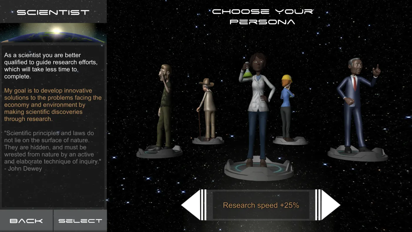 Environ persona selection screen showing the Scientist role.