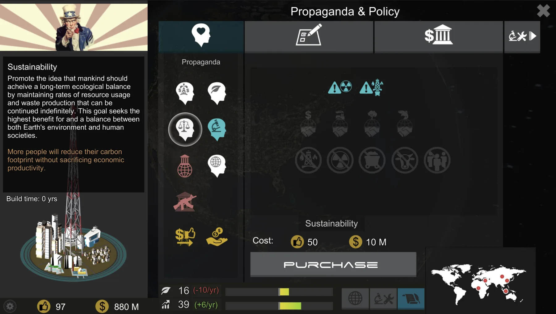 Environ propaganda and policy menu showing a sustainability initiative and purchase cost.