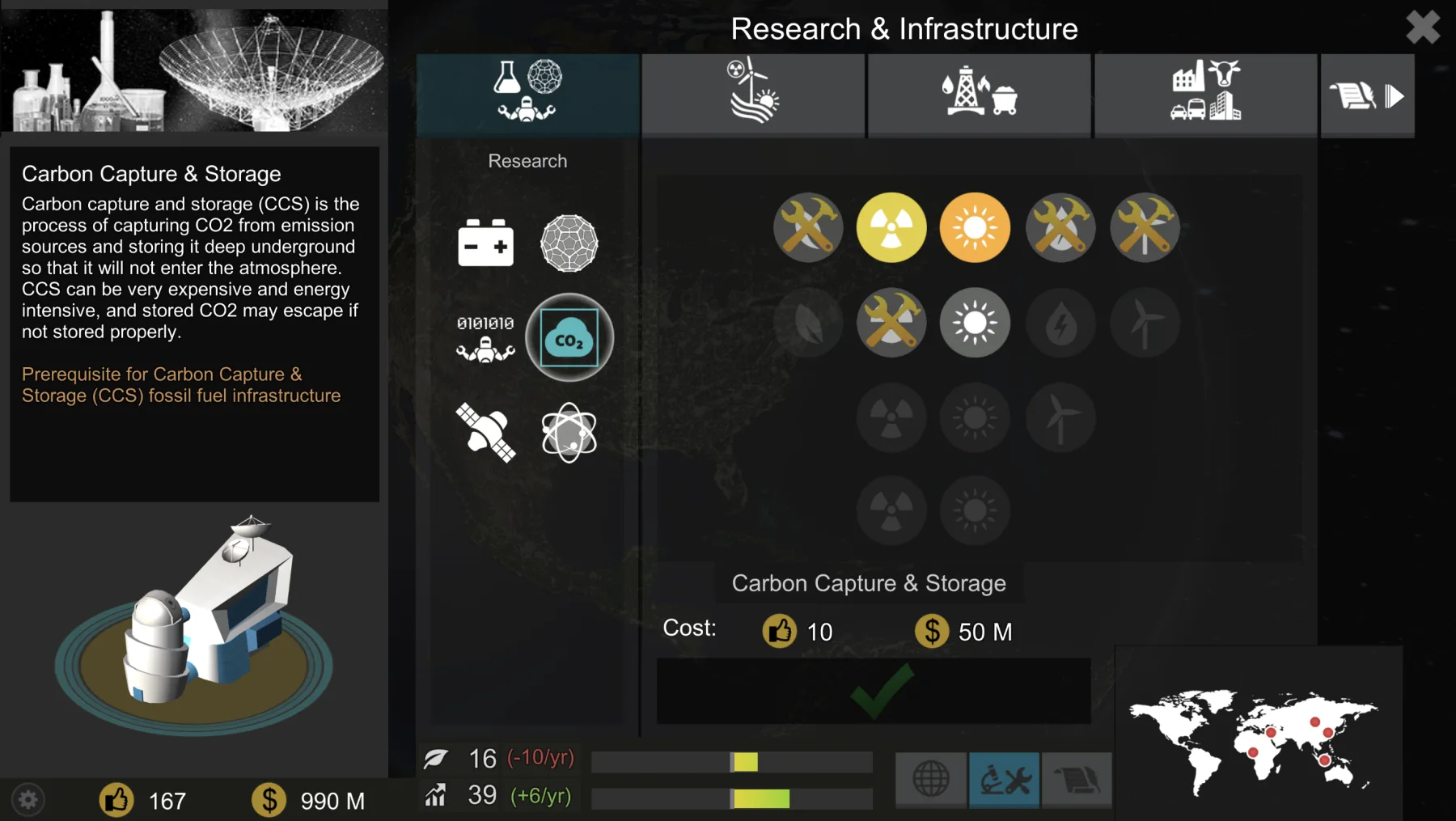 Environ research and infrastructure menu showing carbon capture and storage with cost and unlock requirements.