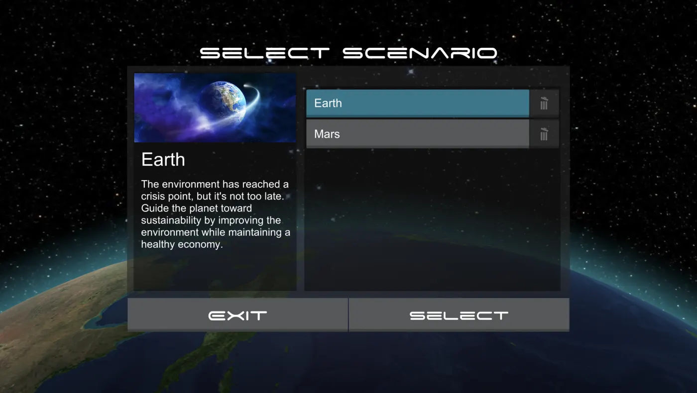 Environ scenario select screen showing Earth.