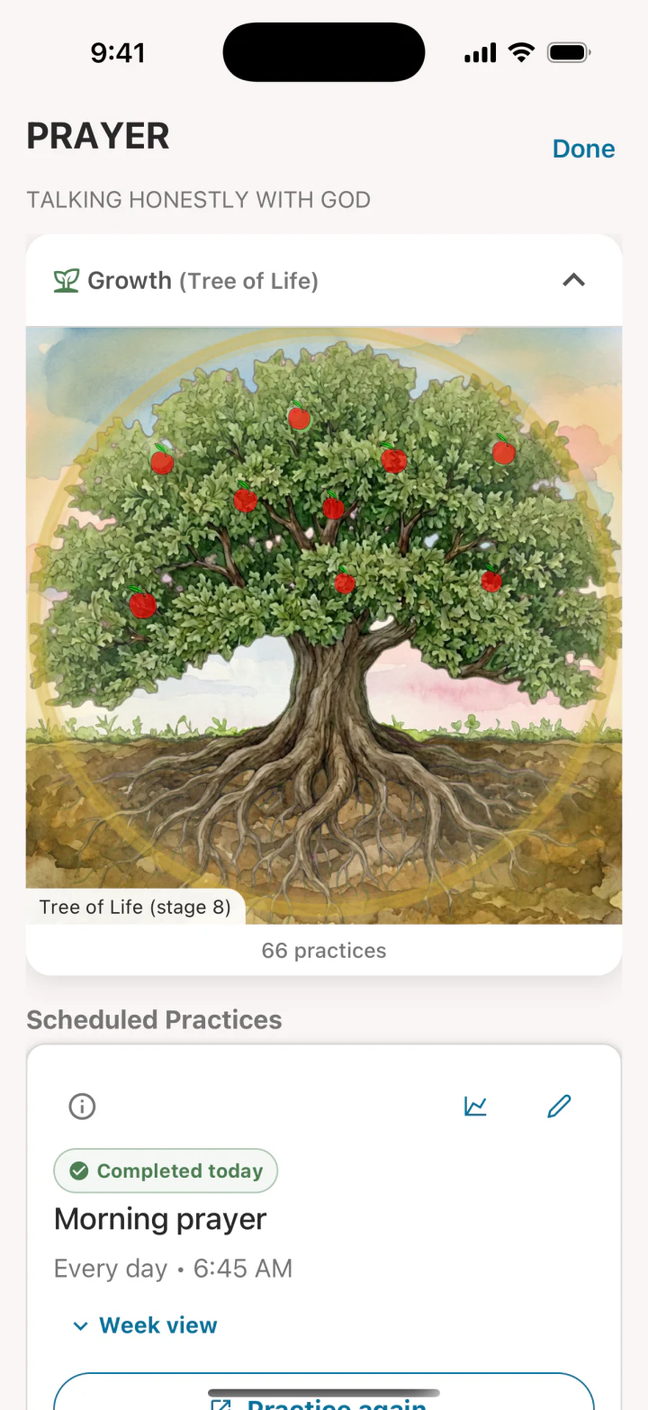 Bearing Fruit prayer habit detail showing a mature Tree of Life, practice count, and scheduled prayer.
