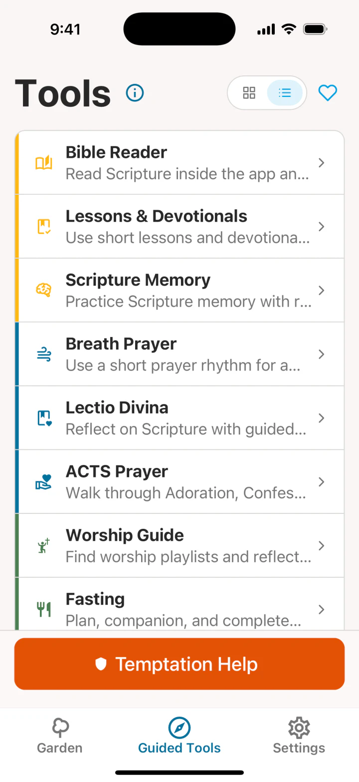Bearing Fruit guided tools list screen.