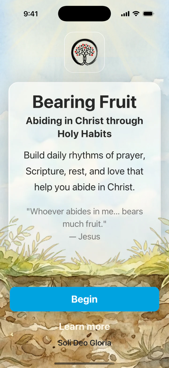 Bearing Fruit welcome screen.