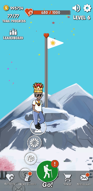 Heart Health Mountain gameplay screen with a climber on a snowy mountain.