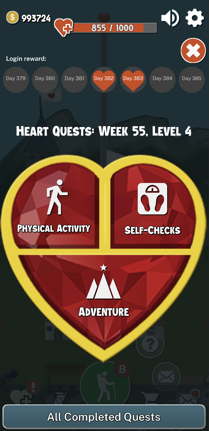 Heart Health Mountain heart quests menu screen.