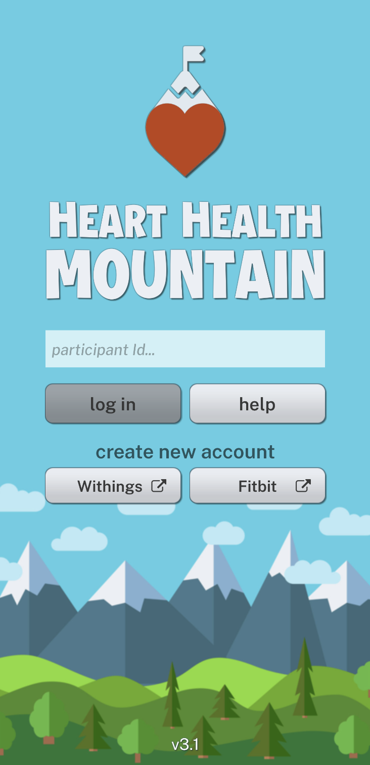 Heart Health Mountain title and login screen.