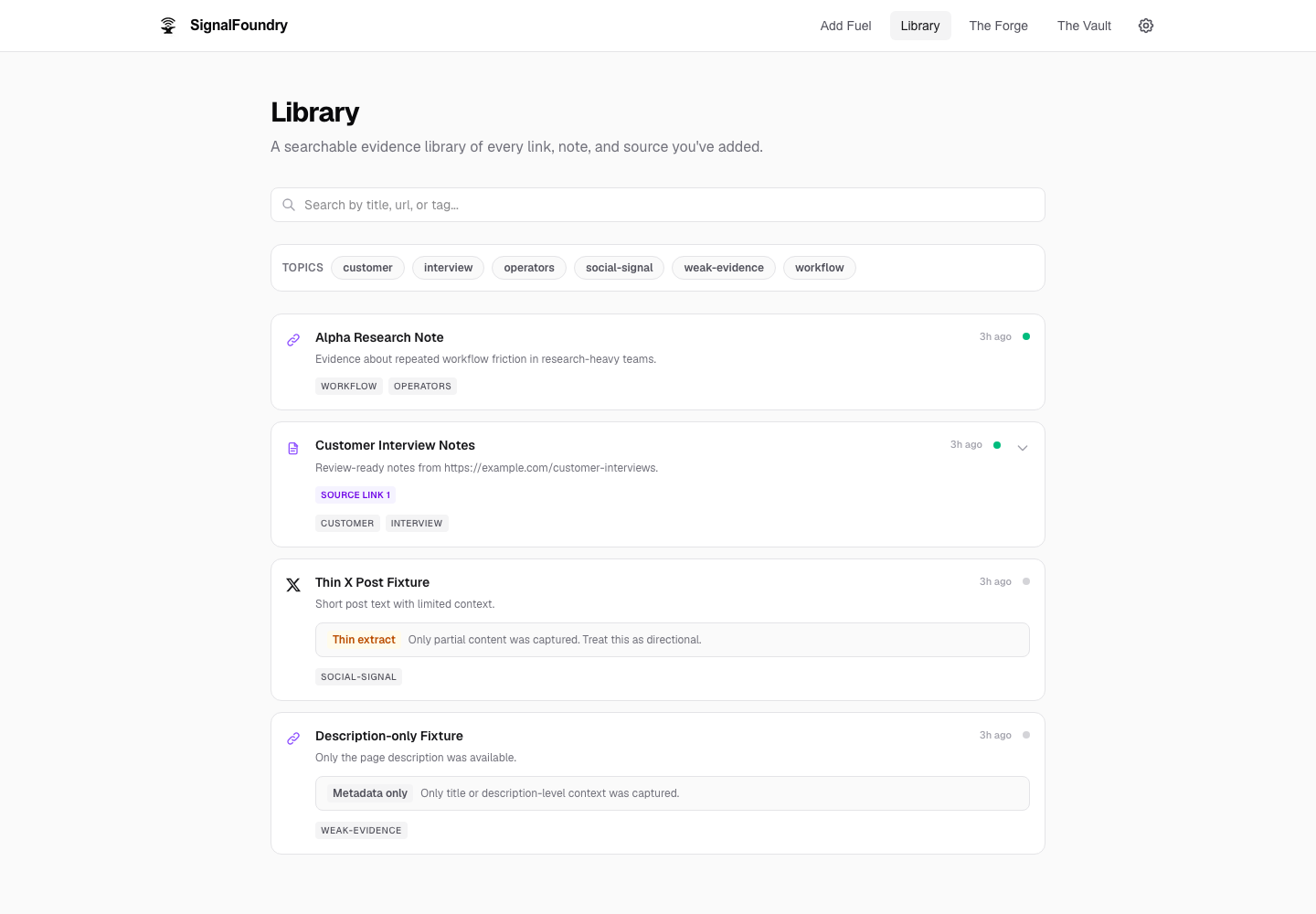 SignalFoundry library view with saved research and source material.